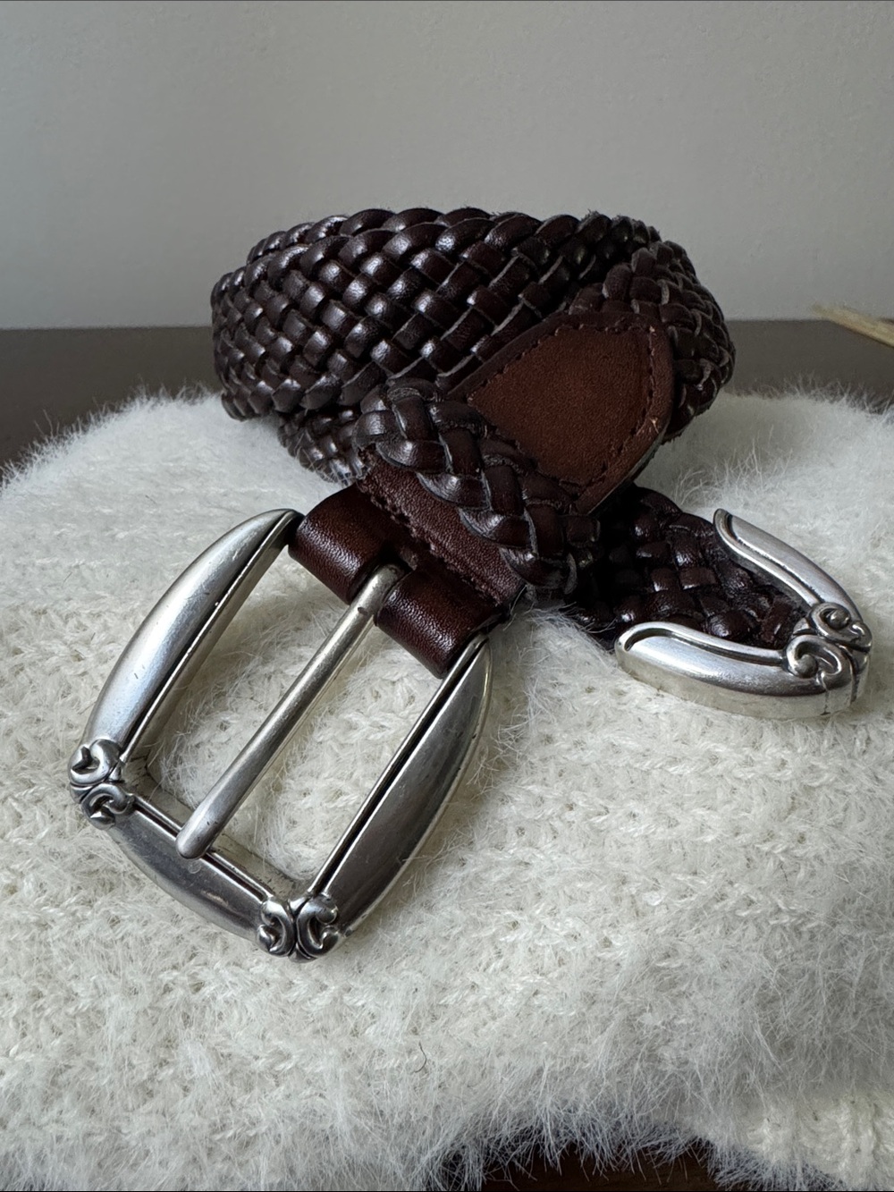 Braided Brown Leather Women’s Belt with Silver Buckle